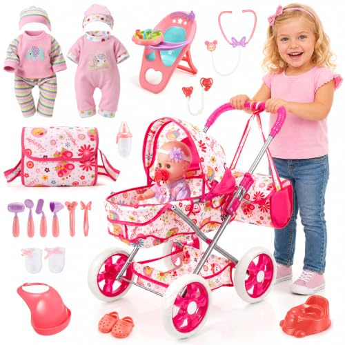 HappyGoLucky Passeggino con Bambola da 28 cm, Vestiti e Accessori Bambole Gioco di Ruolo Bambina 3-7 Anni Carrozzina per Bambole Regalo Bambina 2-8 Anni Giocattoli Bambino