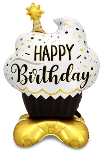 Happy Birthday Ballon Stehend, Stehender Cupcake Folienballon Geburtstag, Happy Birthday Luftballon in Matt Schwarz Gold Geburtstagsdeko, Großer Folienballon für Partys und Feiern, 69x100cm