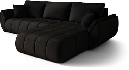 CORNERO Sydney Premium Ecksofa L-Form mit Schlaffunktion und Bettkasten – Couch L-Form fürs Wohnzimmer 3-Sitzer 280 cm x 185 cm x 85 cm (Schwarz, Ottomane Rechts)