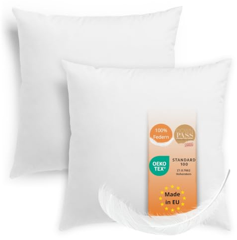 sleepling Uppsättning av 2 kuddar 50 x 50 cm, fjäderkuddar, kuddfyllning fjädrar, affisch, inlett, fyllningskuddar, innerkuddar, 100 % bomull, downpass, tillverkad i EU, 60 grader tvättbar