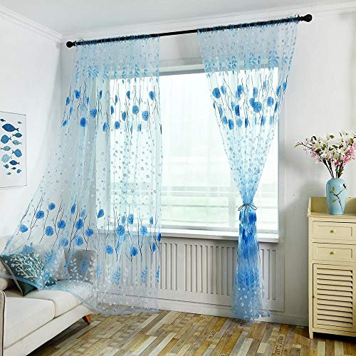 Tonsee Transparent Voile Gardinen Mode Blumen Gedruckt Durchsichtig Vorhänge mit Ösen für Wohnzimmer Schals Schlafzimmer Vorhänge Kinderzimmer Dekoschals Für Große Fenster 1paar,200cm x 100cm (Blau)