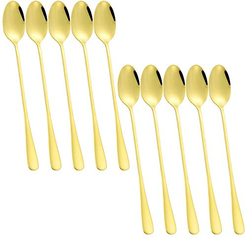 Rührlöffel mit langem Griff, SourceTon 10er-Set Edelstahl-Rührlöffel für Eistee, Kaffee, Cocktail, Milchshake, kaltes Getränk - Gold