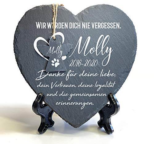 TULLUN Individueller Personalisiert Groß Herzform und Engel Tiergrabstein Schiefer Gedenkstein + Ständer für Hund, Katze und andere Haustiere Tiere - Größe | 25 x 25 cm | - Pfotenabdruck auf Herz