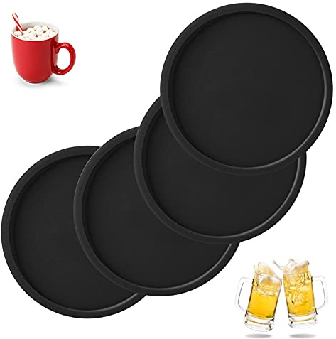 Dacitiery Black Coasters Set of 4, Non Slip Silicone Cup Mats for Hot&Cold Drinks, Coffee, Beer, Wine Glass Coasters for Home, Office, Bar (10cm Round)