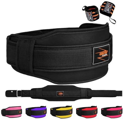 EVO Fitness Gewichthebergürtel 14 cm Neopren gepolstert Rücken Lendenwirbelstütze Home Gym Training Workout Bodybuilding Powerlifting Kreuzheben Kniebeugen mit 45.7 cm Handgelenkbandage (Black, S)
