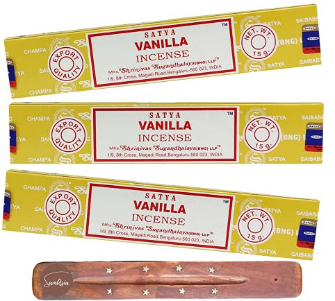 Satya Nag Champa Vanilla Incense Sticks | x3 pack | with SAMASIA incense sticks holder | Used for Aromatherapy, Spa, Yoga, Weddings, Meditation, Healing, Positivity and Relaxation