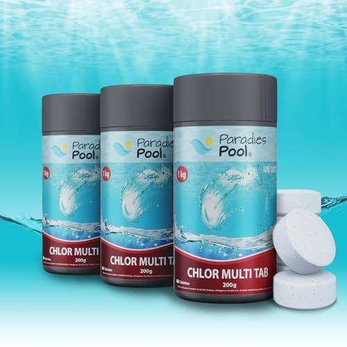 Paradies Pool Multi Tabs 200 g 3 kg, 4 in 1 Multi Tabletten mit Chlor, Algenschutz, Flockungsmittel, pH Stabilisator, zur Wasserbehandlung, Inhalt: 3 kg