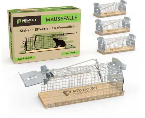 Primery Garden® Mausefalle Lebend im Praktischen 4er Pack für Innen & Aussen - Tierfreundliche Lebendfalle für Mäuse – 100% Effektiv & Verletzungsfrei