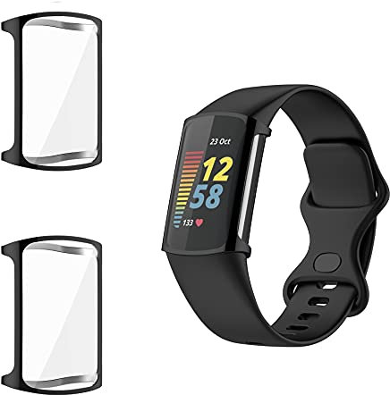 Giaogor Compatible with Fitbit Charge 5 (Not for Charge 4/3), TPU Rugged Bumper Case Cover All-Around Protective Plated Bumper Shell Accessories for Charge 5 Smartwatch (2 pack-Black+Black)