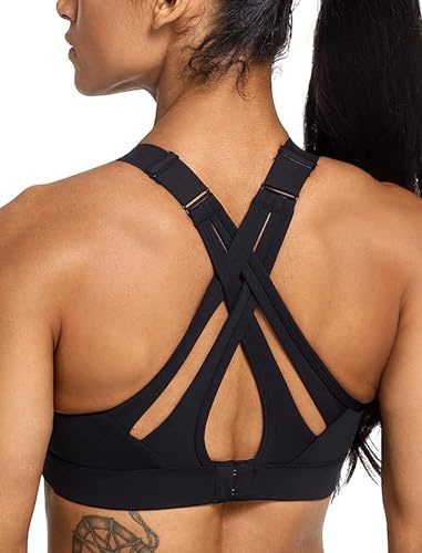 Yvette Sports Bra High Impact Adjustable Criss Cross Back, Full Support for Large Bust No Bounce,Black,XL Plus
