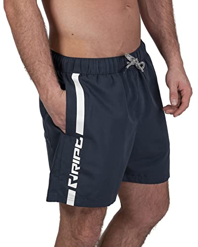 RIPT Men’s Quick Dry Swim Shorts with Mesh Lining Drawstring Waist UV50 Sun Protection Beach & Swimming Trunks (Navy/White, S)