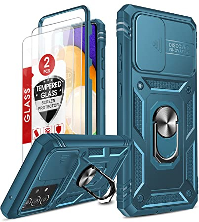 LeYi Cover per Samsung Galaxy A52 5G&4G/A52s 5G con Vetro Temperato [2 Pack], Protezione Fotocamera [Slidable] Custodia Antiurto Grado Militare 360° Anello Supporto Full Body Silicone Custodie Blu