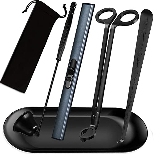 KOAKOMI 5IN1 Candle Accessory Set, Candle Wick Trimmer Cutter, Candle Snuffer & Candle Wick Dipper,Electric Lighter,Storage Tray Plat & Bag for Aromatherapy Candle Lover (Black)