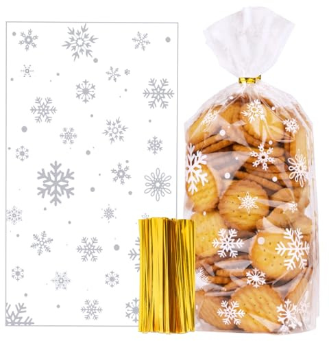 100PCS Sac Cadeau Noël 24x14.5cm Sachet Plastique Transparents pour Bonbons Biscuits Fournitures de Fête Noël Emballage Cadeau avec Cravates Torsadées Motif Flocon de Neige