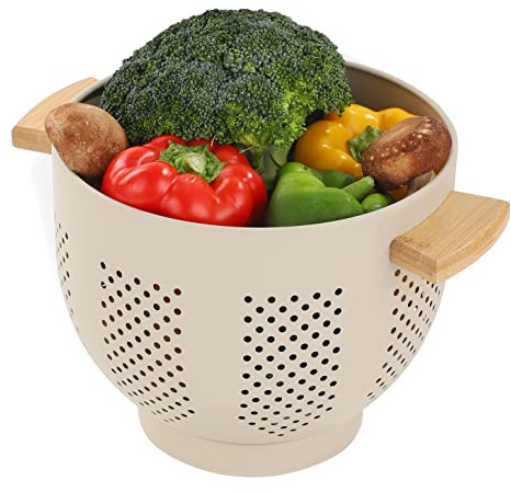Metal Colander with Wood Handle, 5.5 Quart Powder Coated Steel Large Kitchen Strainer Stable Base,(Sand Yellow, 11.26inch)