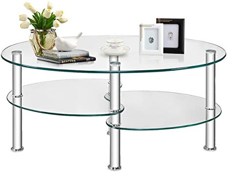 Multigot Tempered Glass Coffee Table, 3-Tier Cocktail Center Table with Open Shelf and Heavy-duty Steel Frame, Oval Snack Tea Sofa Side End Table for Living Room Office (Transparent)