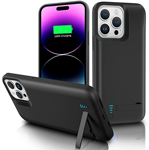 Gladgogo Akku Hülle für iPhone 14 Pro, [6000 mAh] Zusatzakku Ladehülle Handyhülle, Battery Case Akkuhülle Mit klappbarem Ständer für Apple iPhone 14 Pro (6,1 Zoll)