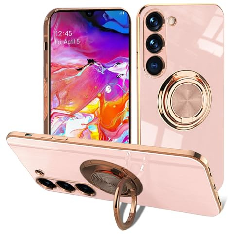 EYZUTAK Electroplated Magnetic Ring Holder Case for Samsung Galaxy S23 5G, 360 Degree Rotation Metal Anti-fall Finger Ring Holder Magnet Car Holder Slim Soft Silicone Shockproof Cover - Light Pink