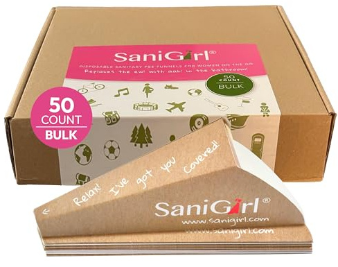 SaniGirl Damen Urinal für Unterwegs | Frauen Urinal Trichter | Liberpee | Pinkelhilfe für Frauen | Urinella für Frauen Einweg | Camping Toilette Musikfestivals Reisetoilette (Bulk Pack of 50)
