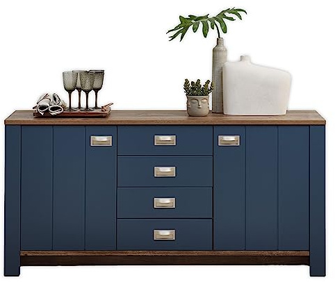 DIJON Sideboard in Parisian Blue, Haveleiche Cognac Optik - Moderne Kommode mit Schubladen und viel Stauraum - 163 x 79 x 45 cm (B/H/T)