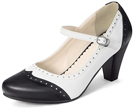 elerhythm Damen Two Tone Mary Jane Classic und Retro 1920er Jahre Pump Heels Gatsby Oxford Muster 1950er Vintage Runde geschlossene Zehe Knöchelriemen Kleid Schuhe (Schwarz/Weiß EU40)
