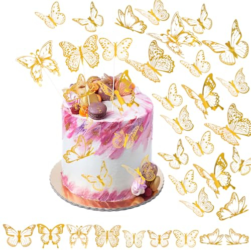 Schmetterlinge Deko Torte, 45 Stück Schmetterling Tortendeko, Gold Torten Deko, Cupcake Topper für Kuchen Dessert Cupcake Muffins, Geburtstag Hochzeit Party Dekoration