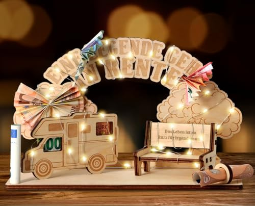 Giftota Lustige Ruhestand Dekoration mit LED Lichterkette, Rentner Geschenk Holz, Originelles Geldgeschenk mit Rentnerbank, Wohnmobil, Lebensbaum Dekoration