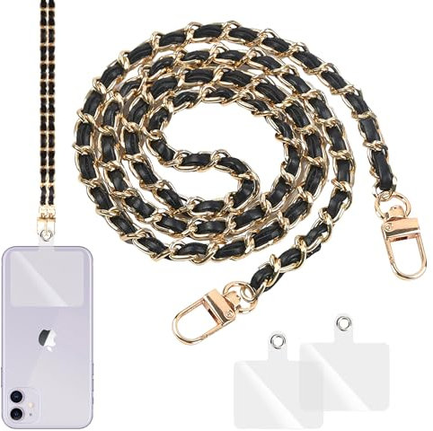 Tracolla a Catena per Cellulare 2 Toppe di Ricambio, Cordino per Borsa on Pelle Pu in Alluminio ,Portacellulare da Collo Donna,Tracolla Anti-Smarrimento Lunga per Maggior Parte Smartphone (A:Nero)