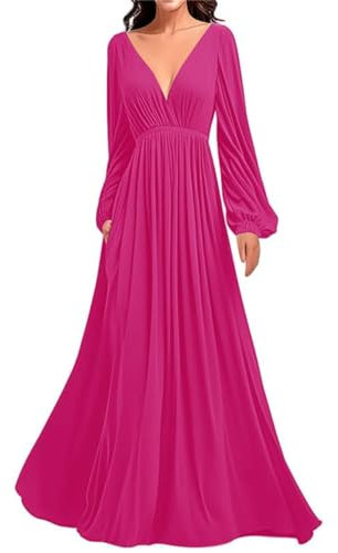 SAYNO Vestidos de fiesta acampanados largos plisados con cuello en V y mangas completas, vestidos formales de fiesta, talla grande, color fucsia, talla 28