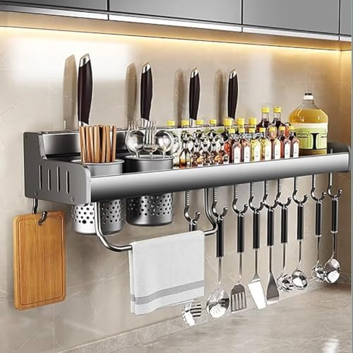 COITROZR Spice Rack Wall Mounted, Large Capacity Seasoning Rack Organiser, Hanging Spice Shelf, Removable, Kitchen Spice Racks with Utensil Holder, Knife Holder, Hooks