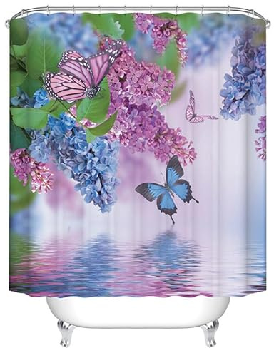 Tenda da doccia con fiori e farfalle, colore viola, blu, ortensia, fiori e farfalle sul lago, in tessuto ondulato, con ganci