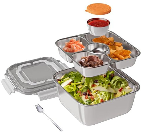 Stainless Steel Salad Container, 60-oz Bowl with Built-in Spork, 3-Compartment Bento-Style Tray, and Dressing Container for Salad Toppings & Snacks