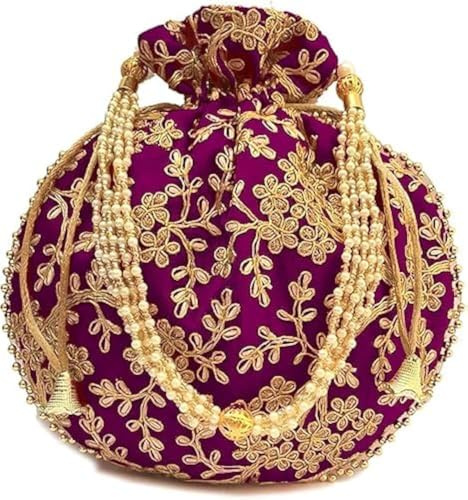 IGH Ethnic Potli Bag Ladies Handbag Batwa Pearls Handle Clutch Purse for Bridal Women, Purple