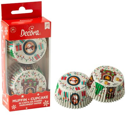 Decora, 0339904, Confezione da 36 Pirottini Tematici, Regali di Natale, Comodissimi Pirottini per Cuocere, Presentare e Regalare Muffin, Resistono fino a 220°, In comodo Blister, Dim ø 50 x 32 cm