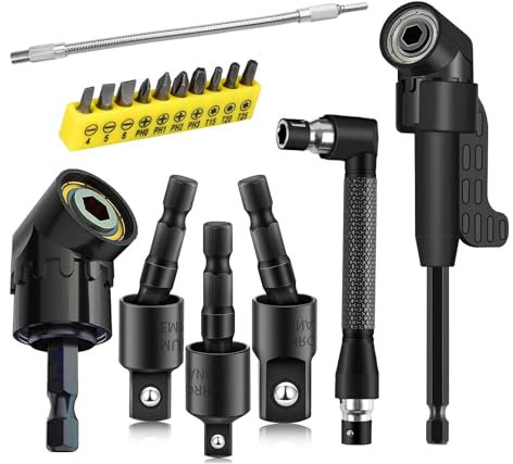 17Pcs Tools Flexible Drill Bit Extension,Include 3Pcs Rotatable Socket Adapter 2Pcs Hex Shank 105° Right Angle Drill Attachment 10 Short Screwdriver Bits 90° Angled Bits & Bendable Drill Bit Extension