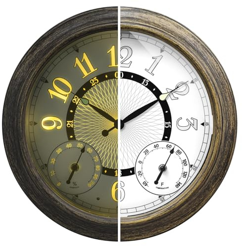 Pytha Sight Gartenuhr wetterfest Outdoor, 45 cm (18 Zoll), beleuchtete Wanduhr für draußen mit intelligentem Lichtsensor, Thermometer & Hygrometer für Terrasse, Garten, Pool