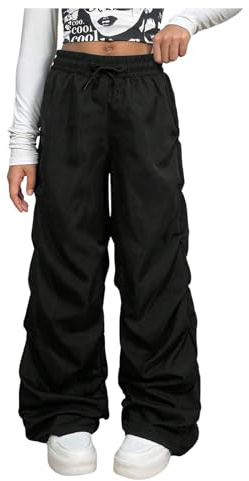 Verdusa Girl's Wide Leg Athletic Baggy Pants Drawstring Waist Track Pants Black 12 Years