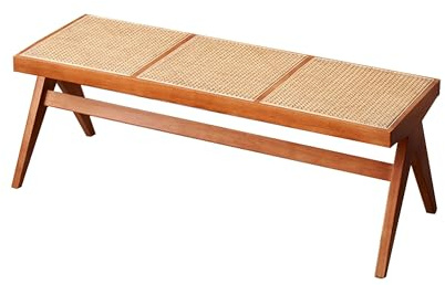 Banco de entrada de ratán de madera, banco de comedor de granja de 54 pulgadas con parte superior tejida para sala de estar, dormitorio, pasillo, color madera de cerezo, elegante solución de asiento