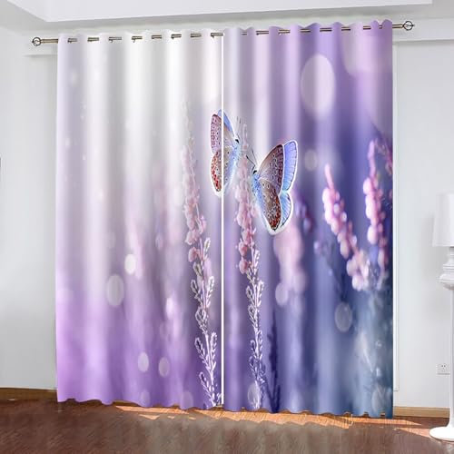 Epinki 2er Set Thermovorhang Kälteschutz, 214 x 137 cm (HxB) Schlafzimmer Gardinen Blickdicht mit Blumen Schmetterlinge Muster, Verdunklungsvorhänge Curtains Blackout Vorhang Rosa Lila