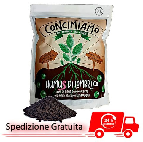 HUMUS DI LOMBRICO BIO | Concimiamo fino a 20 m² di orto o giardino | VERMICOMPOST 100% da Letami Bovini Certificati Benessere Animale – Ammesso in Agricoltura BIO 3L | 2Kg | Formato Pellet|