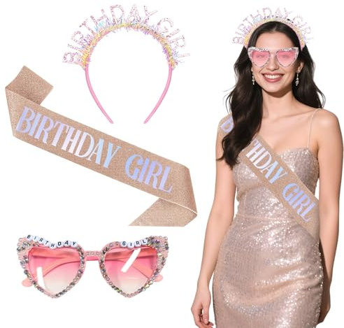 HarnyLoom 3 piezas Corona Cumpleaños Banda Mujer Niña, Corona Tiaras Oro Rosa Princesa Reina Cinturón de Cumpleaños Gafas Decoracion Cumpleaños Regalos Fiestas Feliz cumpleaños (Niña)