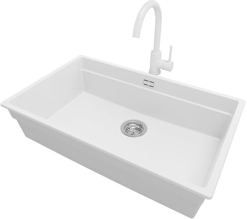 PRIMAGRAN Lavandino da Cucina Bianco 76x47cm, Lavello in Granito a 1 vasca + Rubinetto 32x20cm + Set di accessori, Lavabo da Cucina Incasso al Mobile 80cm - Prague Level Slim S473