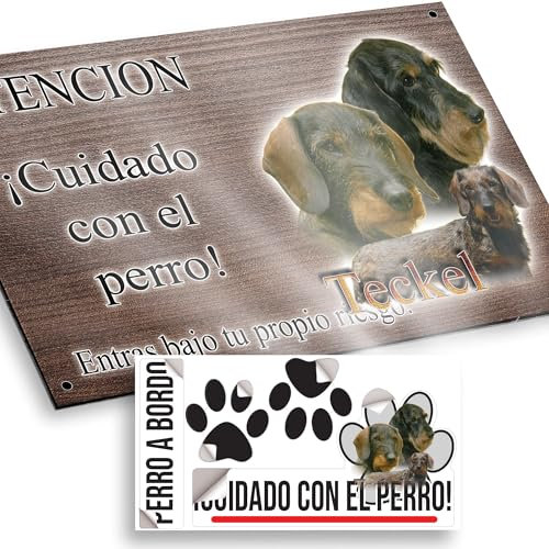 Teckel de pelo duro Cartel Cuidado Perro Peligroso 20x12,5cm - Diseño Madera Marrón Dibond con Pegatina Coche 20x5cm