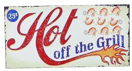 Metal Tin Sign Shrimp Seafood Skewer Hot Off The Grill Wooden New Metal Aluminum Sign 8X12 Inches