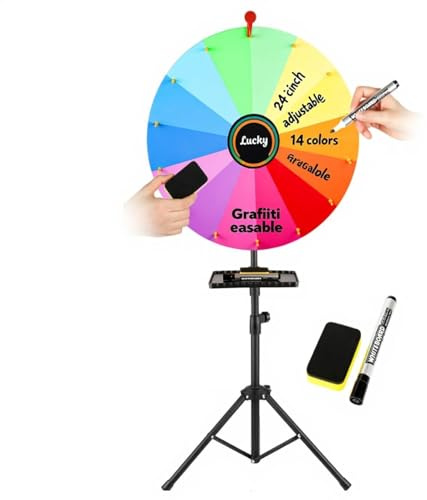 Acrebain 61 cm Drehbares Glückspreisrad, 14‑Farben Kritzelspiel mit abwischbarem Marker, Bodenstehendes Glücksrad höhenverstellbar 94‑165 cm, platzsparend zusammenklappbar mit Ablage