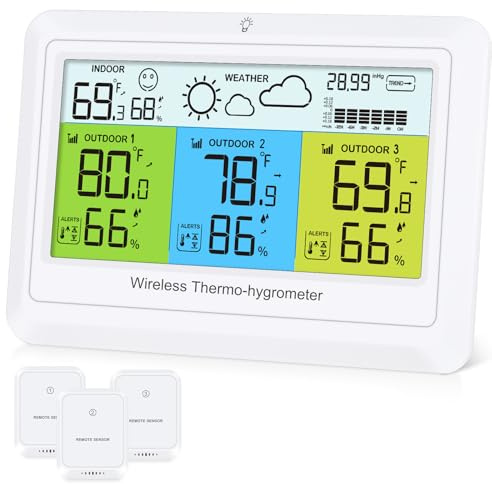 Ankilo Station météo sans fil avec 3 capteurs extérieurs, écran LCD couleur avec prévisions météorologiques, pression atmosphérique, thermomètre intérieur extérieur, portée jusqu'à 100 m, blanche