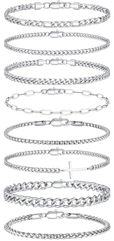 TINGN 8 Stück Edelstahl Armband Herren Silber Armbänder für Herren Kreuz Cuban Figaro Box Büroklammer Kette Armband Set Schmuck für Männer ihn Vater Freund Ehemann 9 Zoll