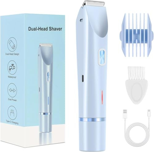 Electric Bikini Trimmer for Women – 2-in-1 Dual-Head Razor with Ceramic Blade, IPX7 Waterproof, Type-C Rechargeable Shaver for Face, Body, Legs, Underarms & Intimate Areas (Blue)