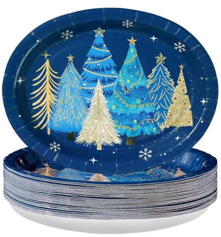 Greencian 50Pcs Blue Christmas Tree Oval Plates 10” x 12” Christmas Tree Heavy Duty Oval Paper Plates Santa Party Tableware Supplies for Winter Xmas Holiday Party Decorations