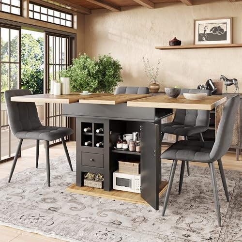 Merax Dining table 110-140×80x75cm, Extendable Kitchen Table, elegant wood grain design, 1 Door & 1 Drawer & 4 Wine Racks, solid table base, for 4-6 People, for Home & Office, Oka+Black